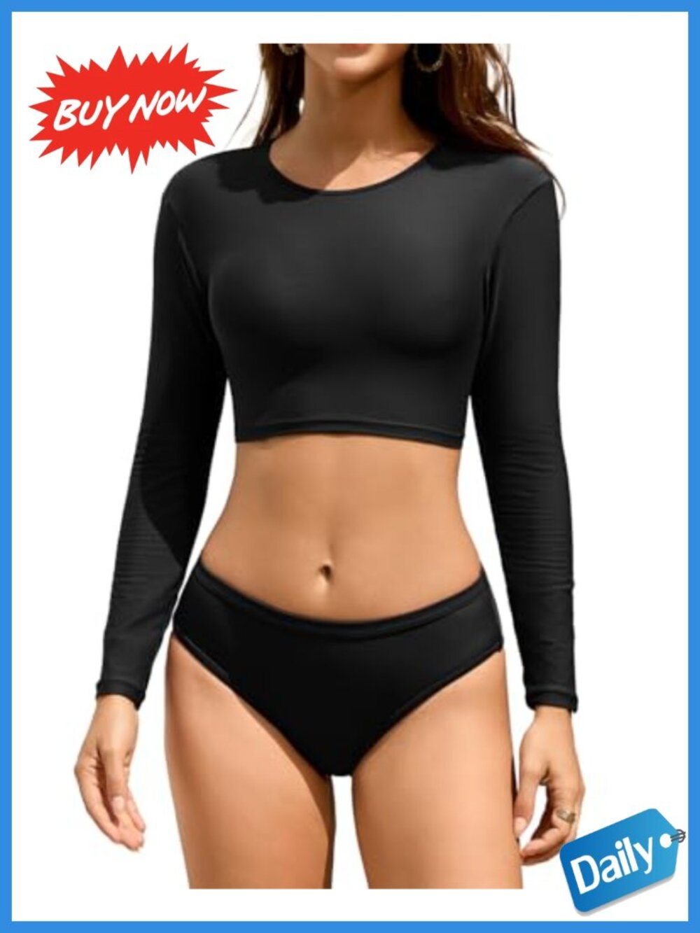 Cromi Women's Long Sleeve Crop Top Rash Guard Swimsuit 2 Piece Set